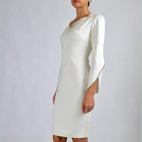 Model 3507 ön  | 40-46 | V neck Stone Detailed White Dress